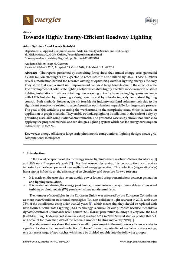 MDPI article title page entitled "Towards Highly Energy-Efficient Roadway Lighting"