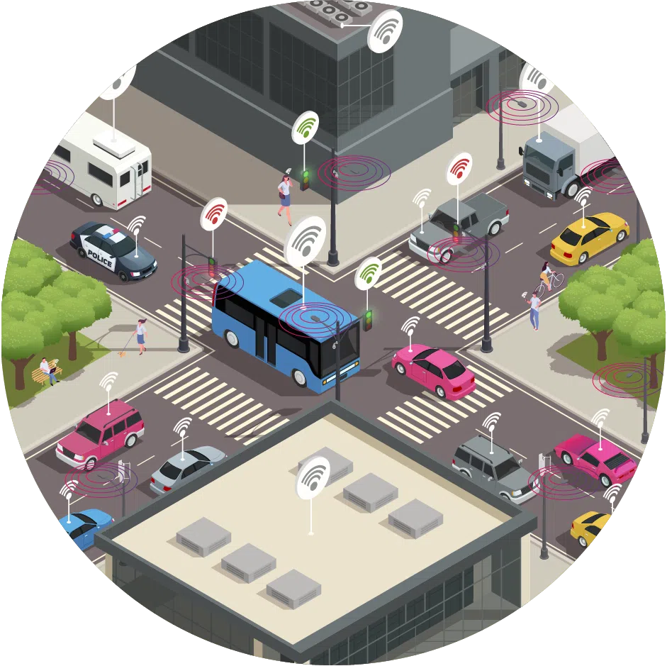A circular image that shows an illustration of an intersection in a connected Smart City
