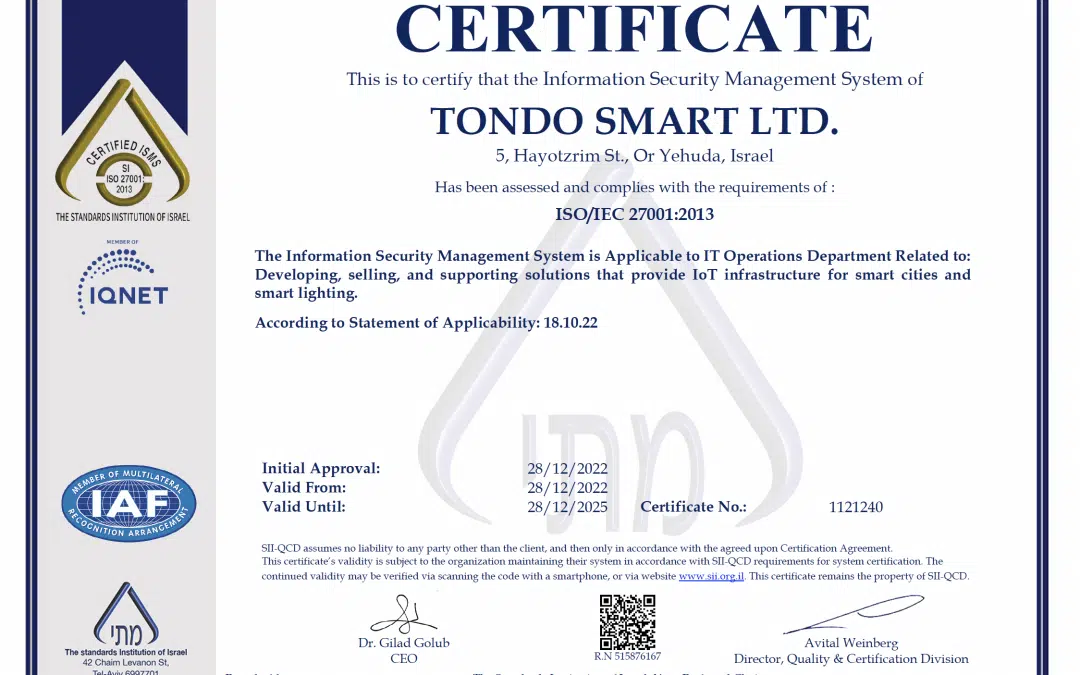 Tondo Smart Ltd. Awarded ISO/IEC 27001 Information Security Certification